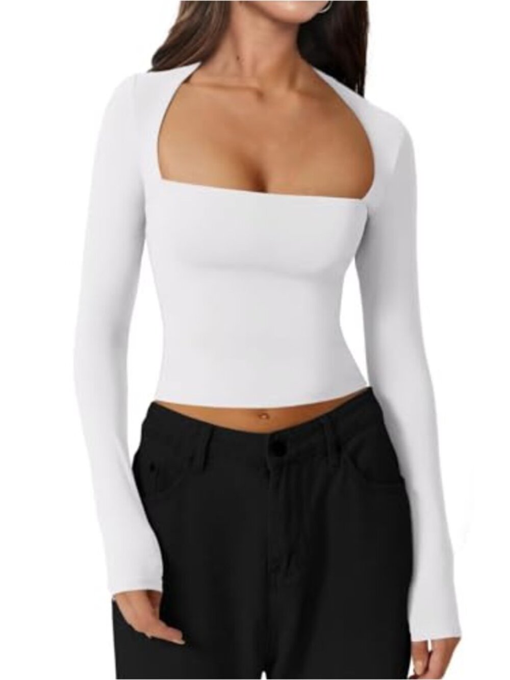 LACOZY Square Neck Long Sleeve Crop Top Slim Fit Tee